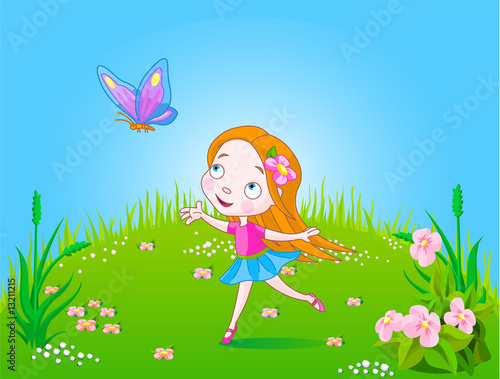 Foto-Banner aus PVC - Little cute girl trying to catch an butterfly (von Anna Velichkovsky)