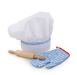 Chef hat,rolling pin and glove isolated on white background