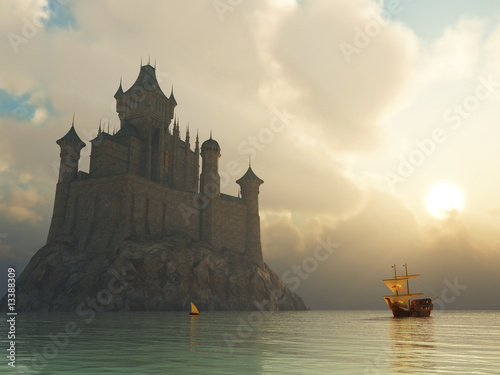 Obraz na płótnie canvas Zamek fantasy o zachodzie słońca