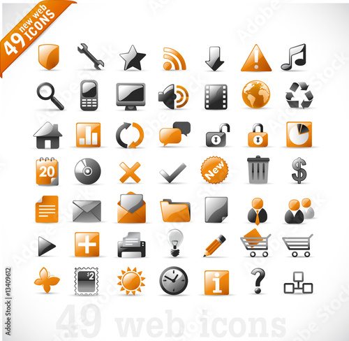 Fotografie, Obraz new set of 49 most popular icons on the web / orange