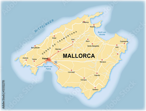 Karte von Mallorca (Spanien) mit Straßen, Autobahnen und Orten Stock