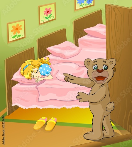Foto-Vorhang - Fairy tale. Bear cub found a little girl sleeping in his bed. (von Regisser.com)
