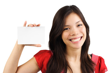 Wall Mural - Woman holding blank card / white sign