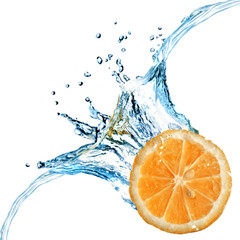 Wall Mural - fresh orange dropped into water with splash isolated on white