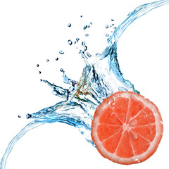 Wall Mural - grapefruit dropped into water with bubbles isolated on white