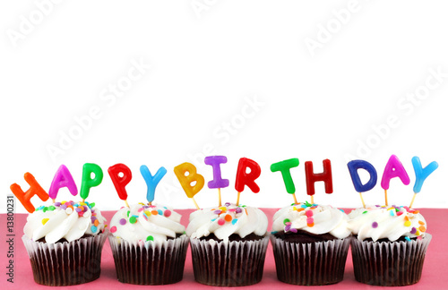 Happy Birthday Cupcakes With Candles And White Background Buy This