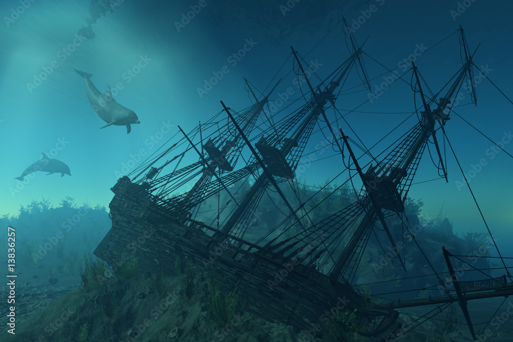 Shipwreck Beneath the Sea - 3d render - obrazy, fototapety, plakaty 