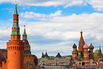 St. Basil's cathedral on Red Square and Kremlin towers in Moscow