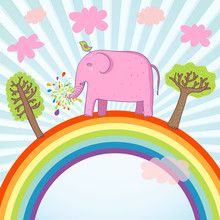 Cartoon Summer Illustration - Cute Pink Elephant On A Rainbow