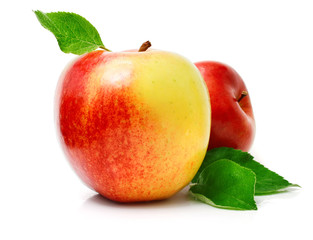 red apple fruits with green leaves