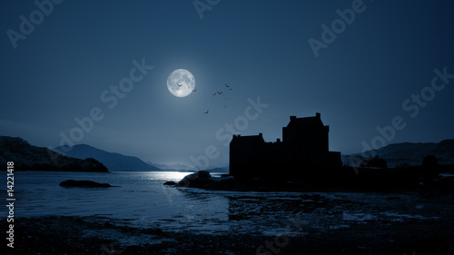Obraz na płótnie canvas czteroczęściowy "tetraptyk" Eilean donan castle nocą