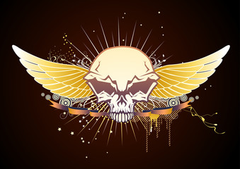 Sticker - Vector illustration of style golden skull winged emblem