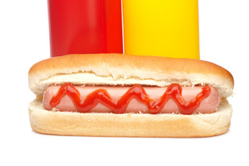 Canvas Print - Hot dog with ketchup and mustard bottles