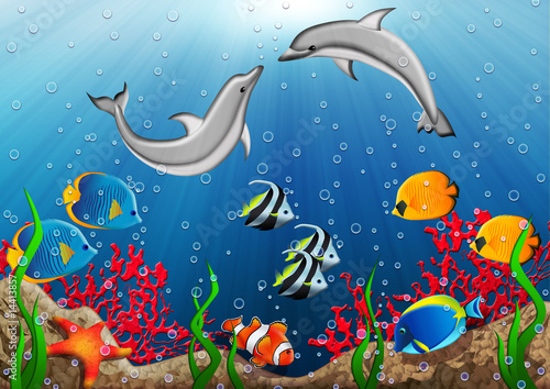 Fototapeta dla dzieci Underwater world with dolphins and tropical fishes