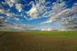 canvas print picture - Plowed field and cloudy sky