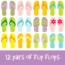 12 Pairs Of Brighty Colored Flip Flops - Thongs