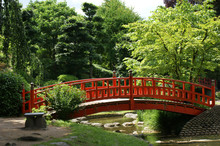 Red Bridge In A Japanese Garden