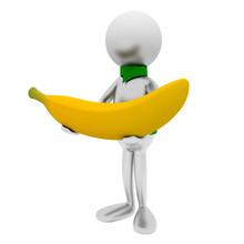 3D Man Holds A Banana Isolated On White.