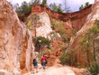 Hikers walking at the bottom of a dirt canyon