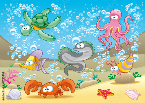 Naklejka na kafelki Family of marine animals in the sea