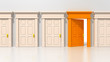 A line of white doors and a single open orange door