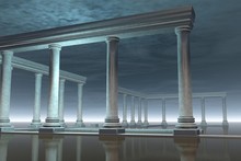 Drowned Greek Temple Ruin In The Moonlight