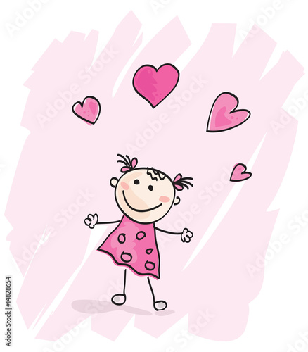 Foto-Leinwand ohne Rahmen - Small girl with hearts. Doodle vector character. (von WellnessSisters)
