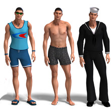 Three Different Outfits: Surfer, Swimmer, Sailor.