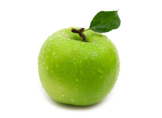 Wall Mural - wet green apple on white background