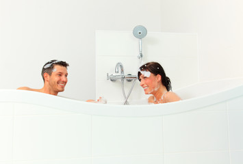 bathroom happy couple bathing and showering in tub