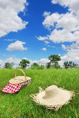 Sticker - Food Basket and Straw Hat on Meadow