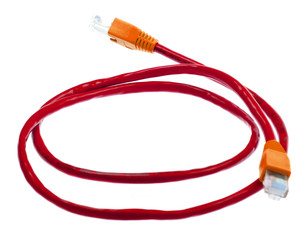 Red ethernet pach cord isolated on white