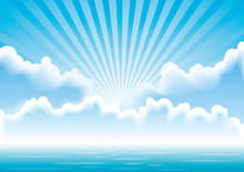 Vector Calm Sea  With Clouds And Sun Rays