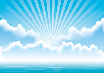 Vector calm sea  with clouds and sun rays