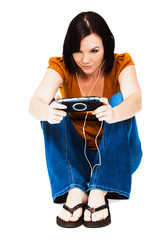 Wall Mural - Young woman listening media player