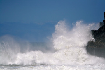 Poster - Seascape with large breaking wave over rocks