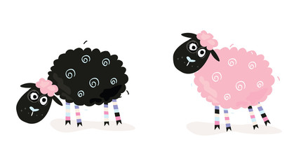 Cartoon sheep. Vector Illustration of  black and pink sheep.