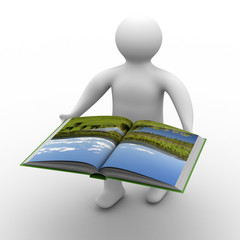 Wall Mural - man holds open book on white background. Isolated 3D image