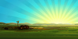 Morning countryside panorama - small farm over rolling landscape