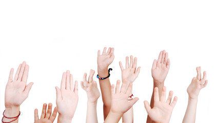 Many children hands high up isolated