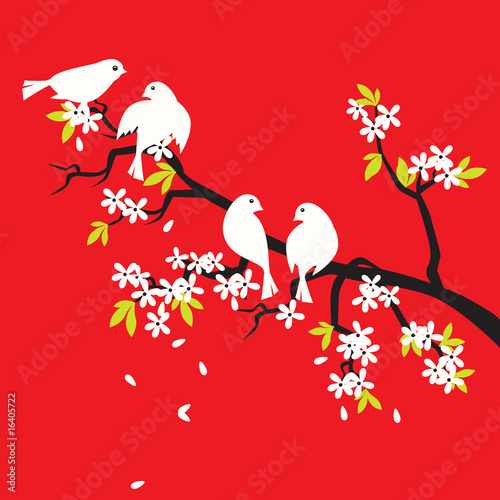 Plakat na papierze fotorealistycznym Sakura i ptaki (kwiat wiśni)