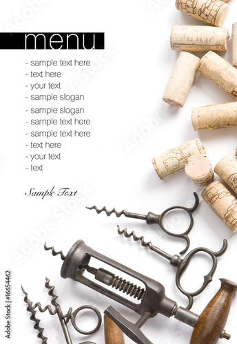 Fotografía Corkscrews and corks. Project of a wine menu.
