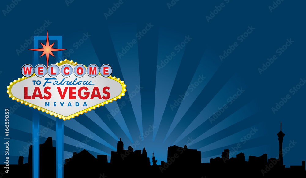 Las Vegas Sign with City Skyline - obrazy, fototapety, plakaty 