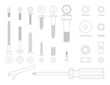 Black and white line illustration of screws and tools