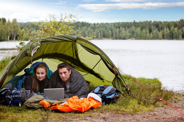 Sticker - Camping with Laptop by Lake