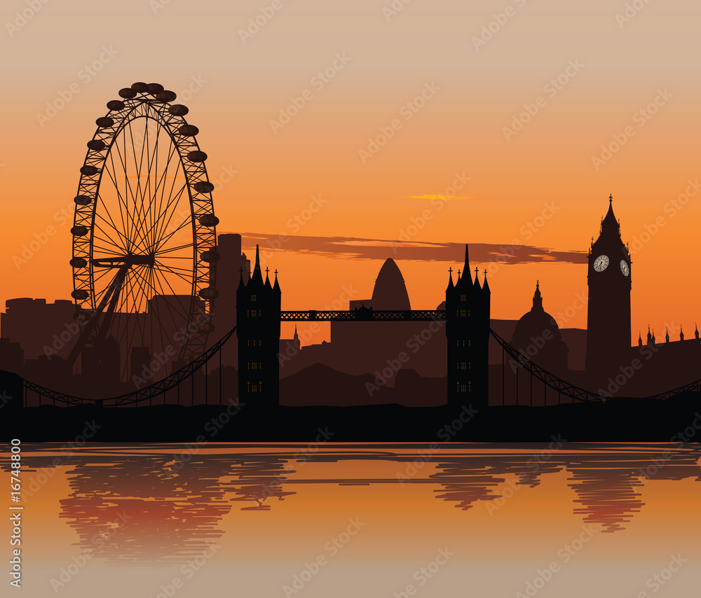 Vector illustration of London skyline at sunset - obrazy, fototapety, plakaty 