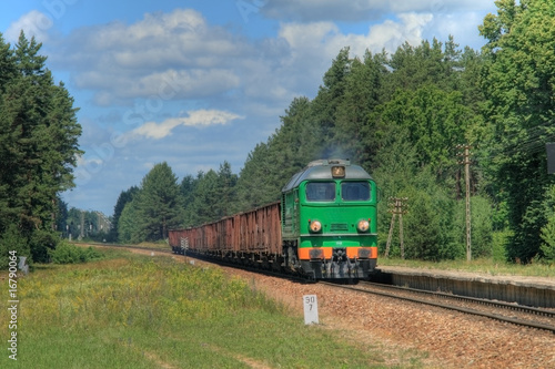 Nowoczesny obraz na płótnie Freight train hauled by the diesel locomotive passing the forest