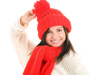 Funny Young Woman Wearing Red Scarf And Cap