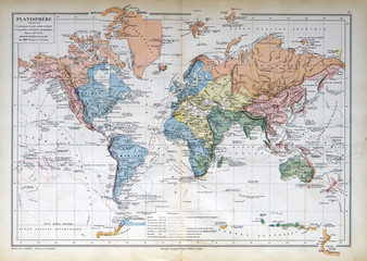 Fototapete - Old map of 1883, world map