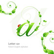 Eco green pattern alphabet with leafs and ladybird. Letter a